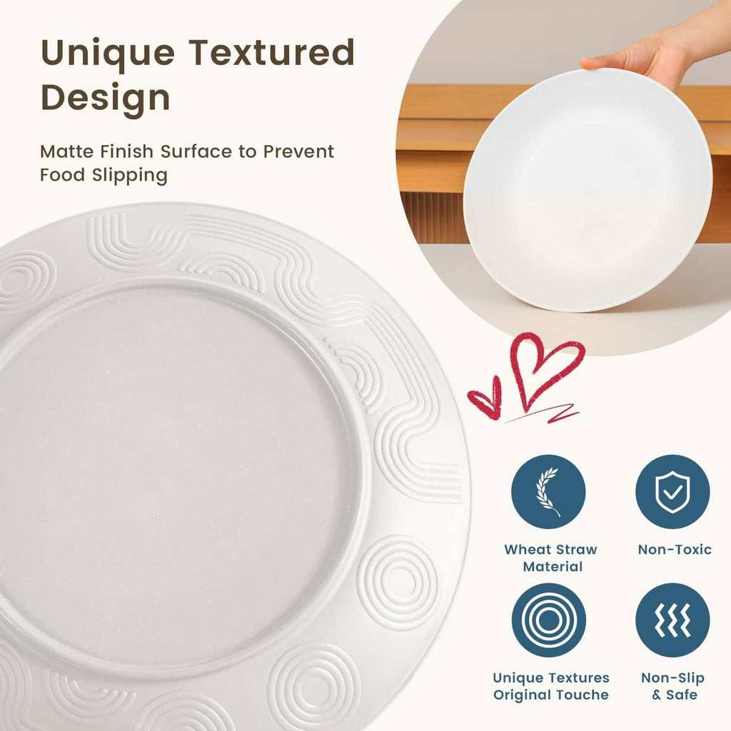 Textured white wheat straw dinnerware plate with non-slip raised pattern