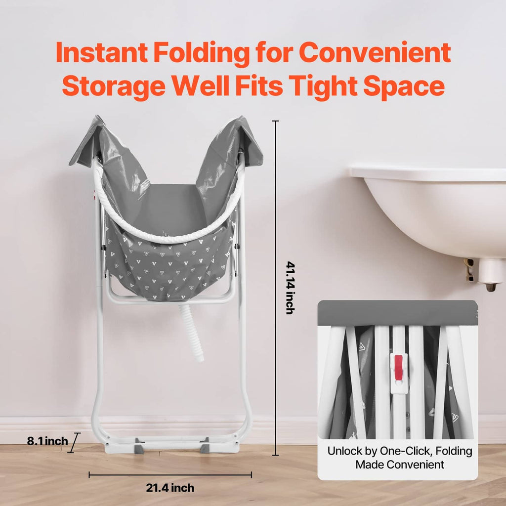 Gray foldable dog bath tub on elevated legs with drain hose and folding storage frame