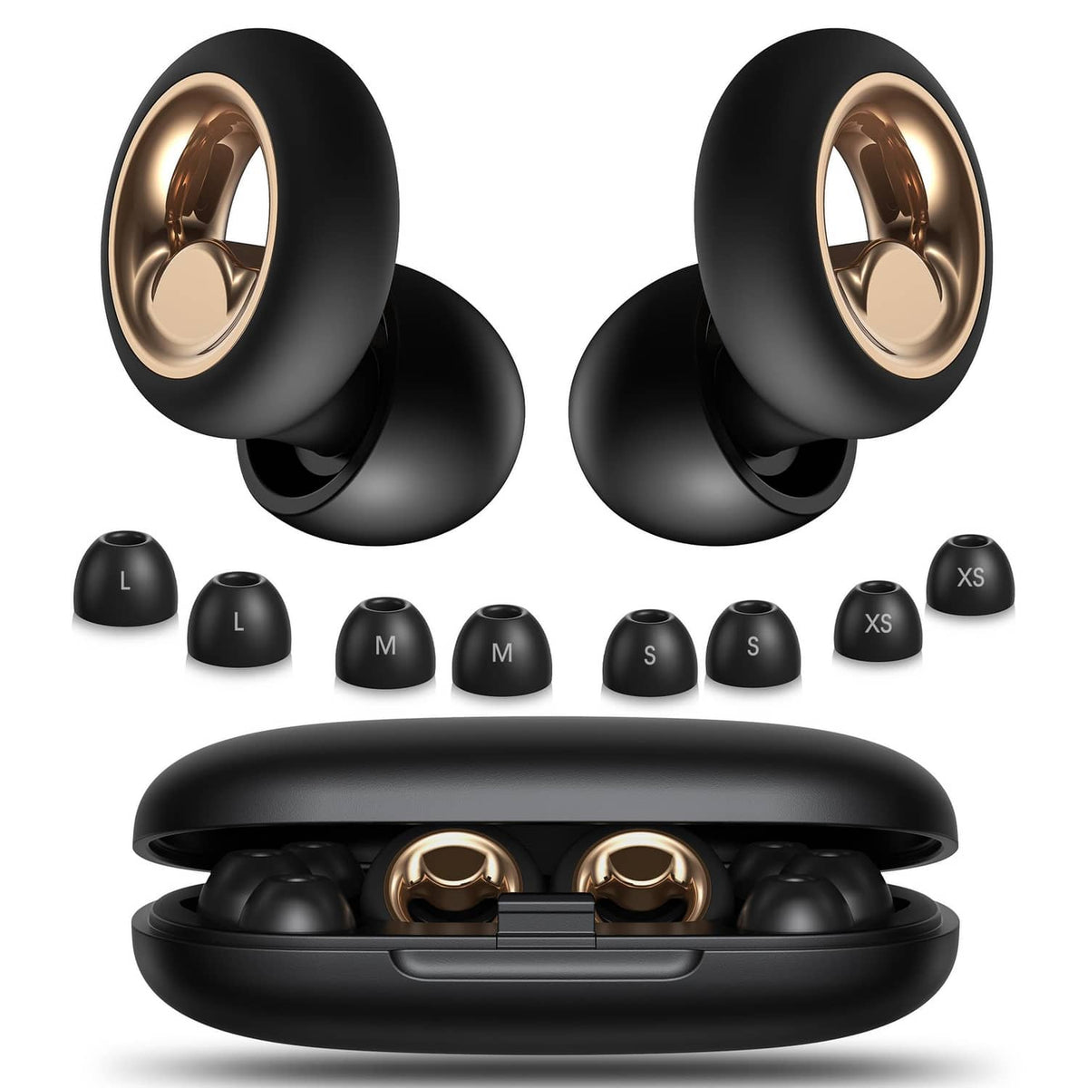 Black silicone sleep ear plugs with multiple tip sizes: L, M, S, XS