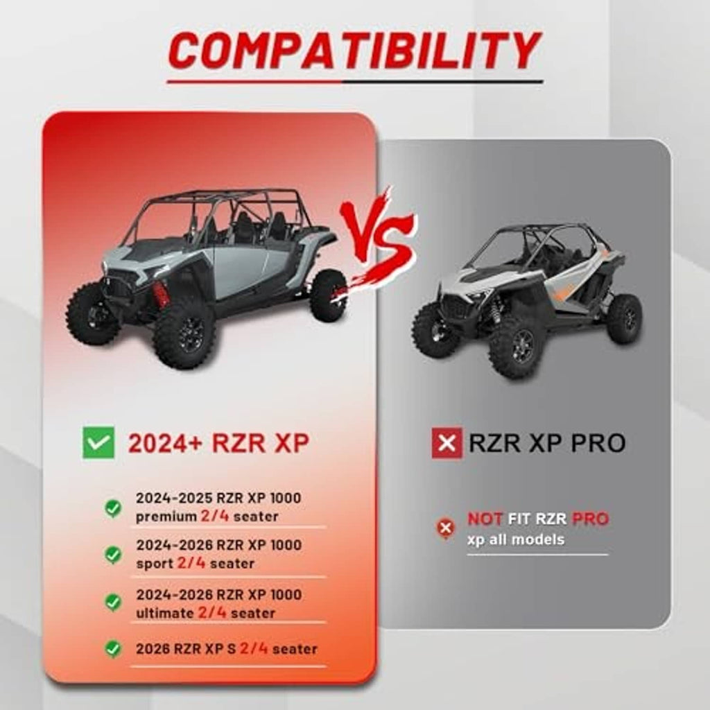 UTV windshield compatibility graphic with vehicle and windshield illustrations.