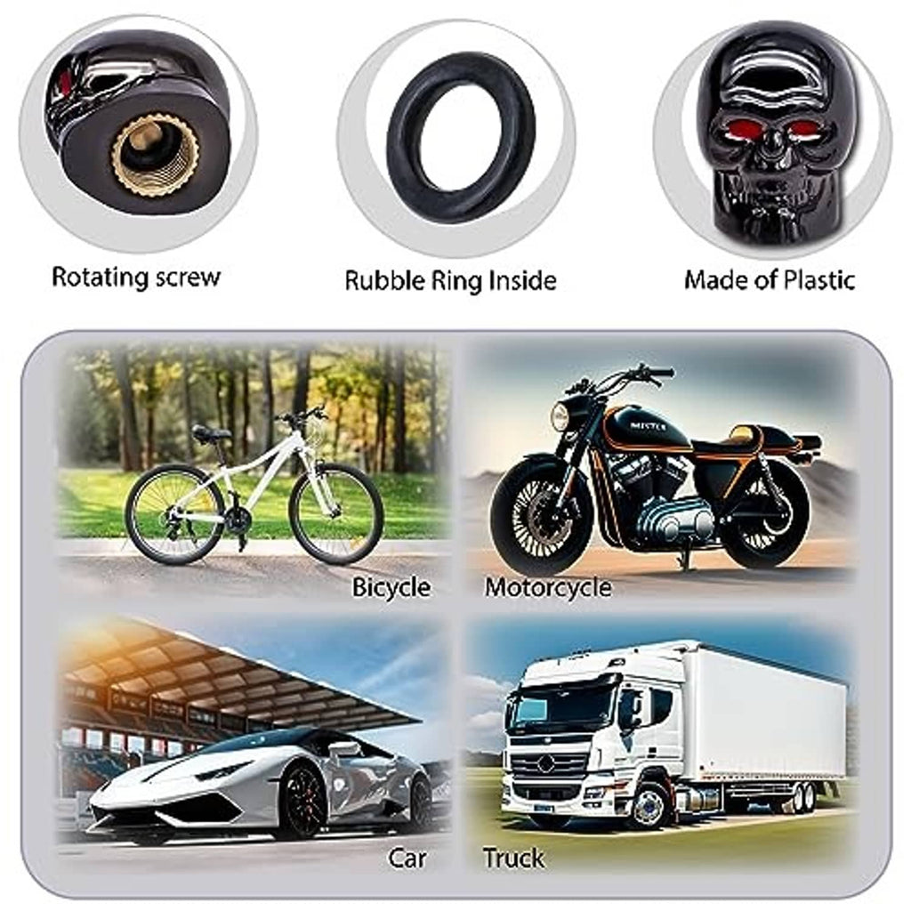 Skull valve stem cap set with rotating screw and rubber ring, glossy black and red eyes