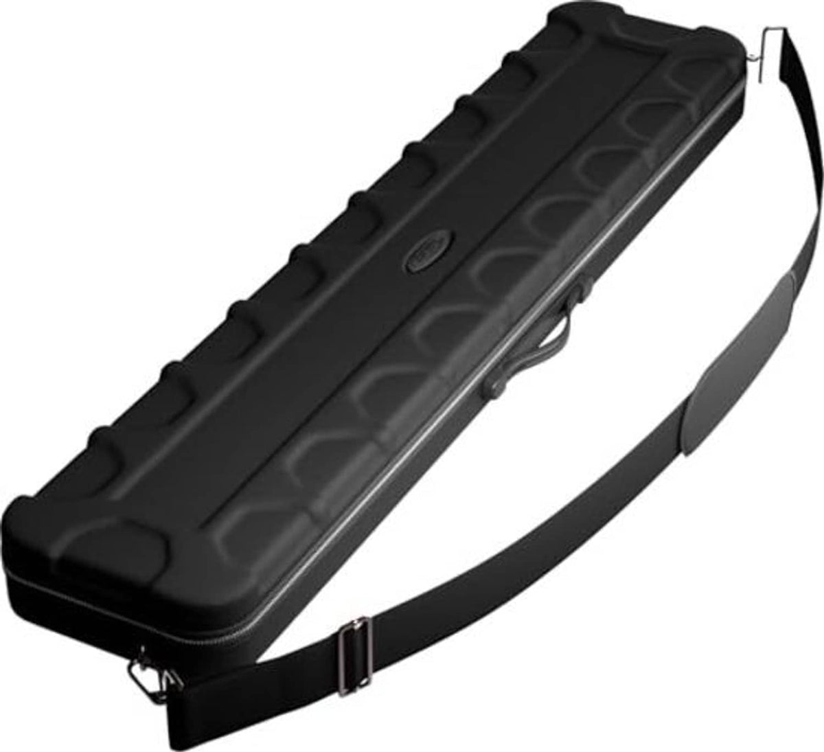 Black long cue case with molded exterior padding, side zipper pulls, and shoulder strap.