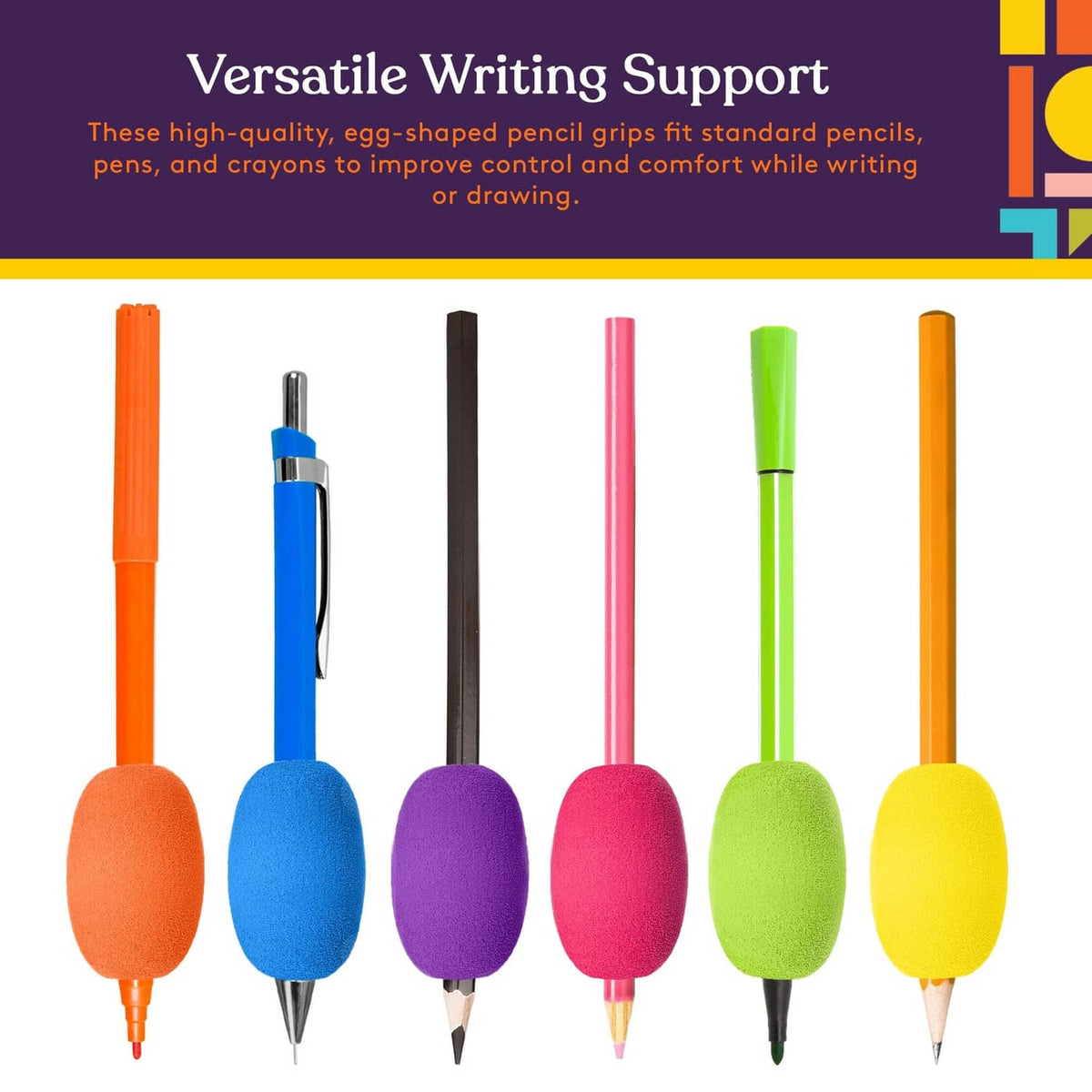 Writing support egg grips on pencils in orange, blue, purple, pink, green, yellow