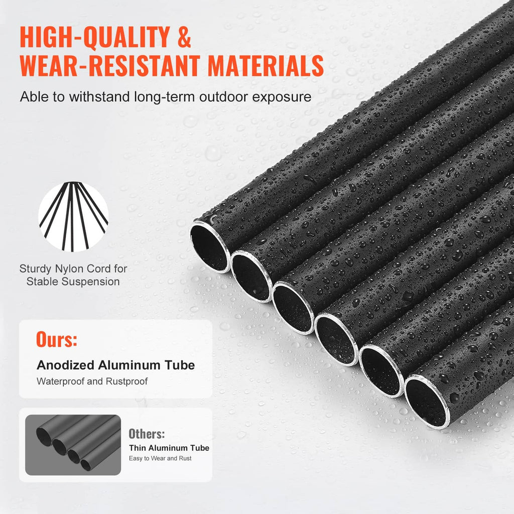 Anodized aluminum wind chime tubes in dark finish with water-resistant texture