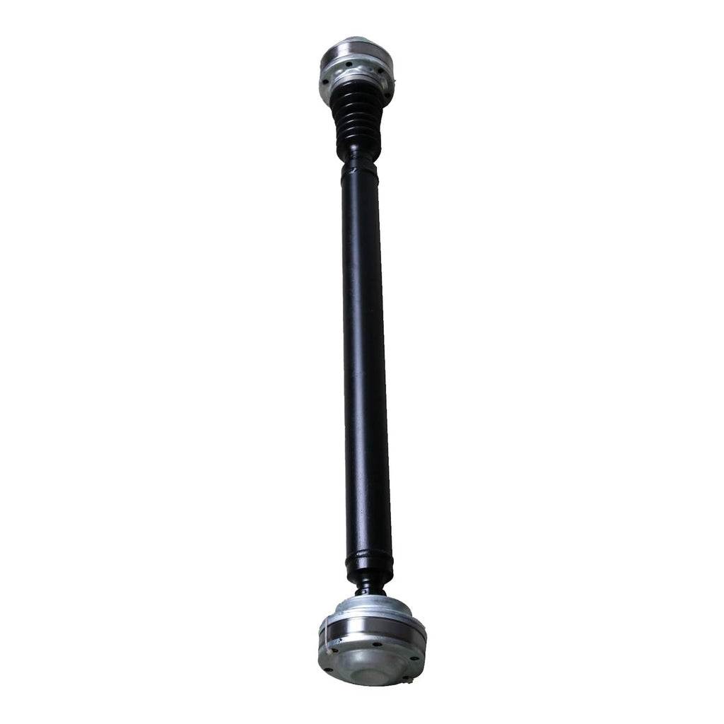 Front drive shaft with black tube and silver end flange caps, centered side view