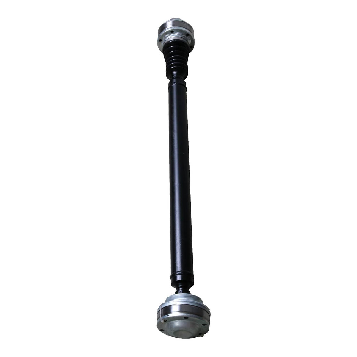 Front drive shaft with black tube and silver end flange caps, centered side view