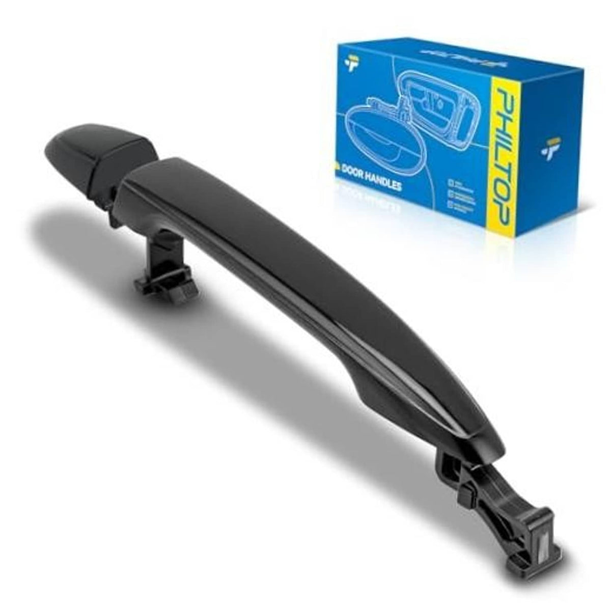 Black exterior door pull handle with mounting clips, front right passenger side.