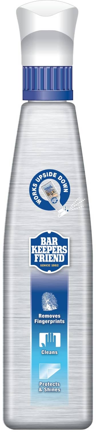 Side label view of Bar Keepers Friend stainless steel cleaner spray bottle