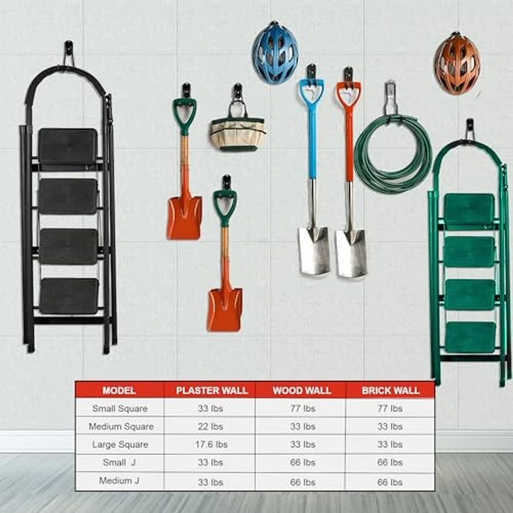 Wall-mounted shelving hook set holding gardening tools, including green and black hooks.