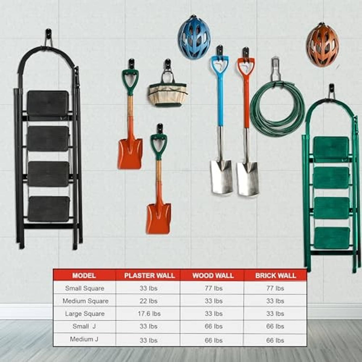 Wall-mounted shelving hook set holding gardening tools, including green and black hooks.