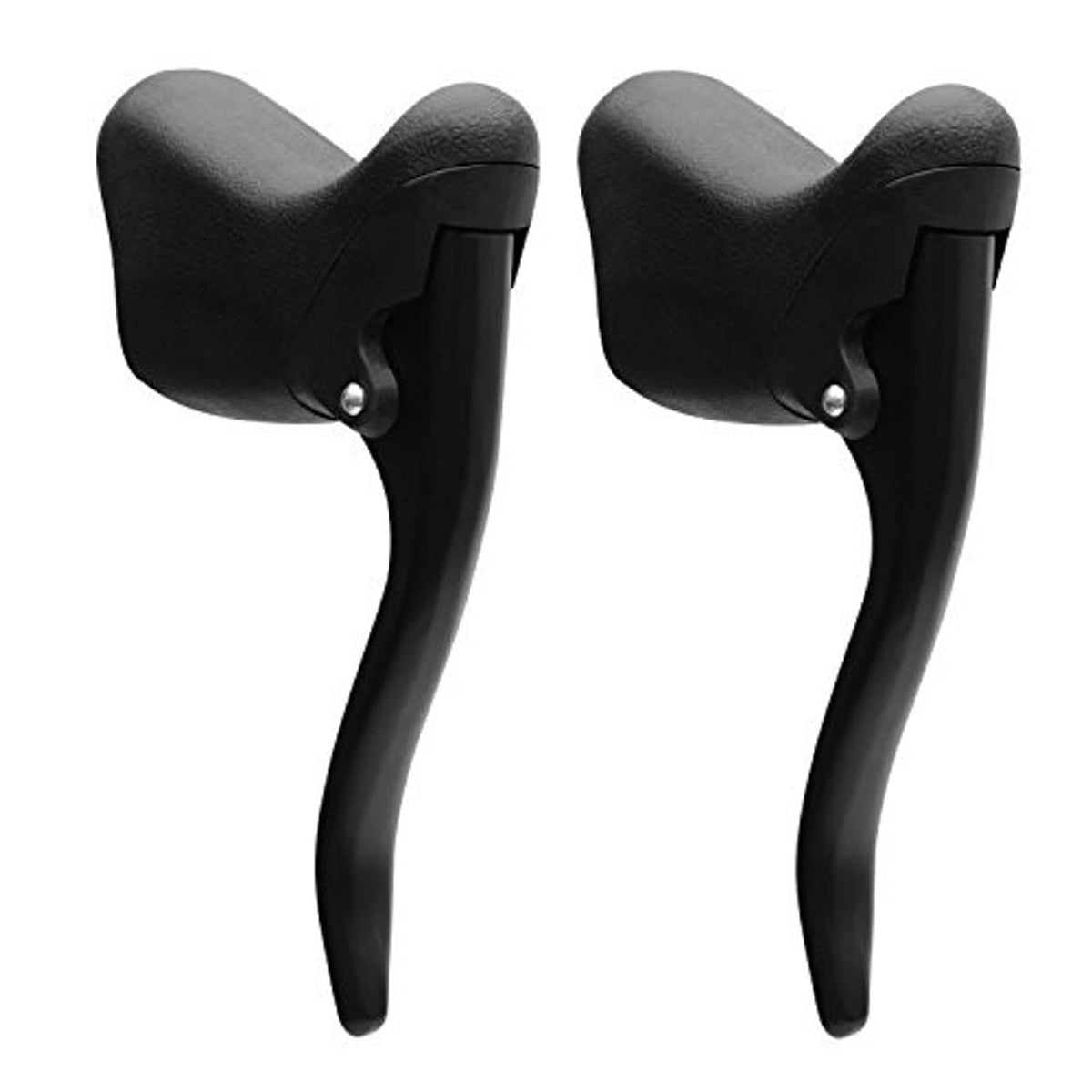 Two black bicycle brake levers with ergonomic rubber hoods and curved lever arms