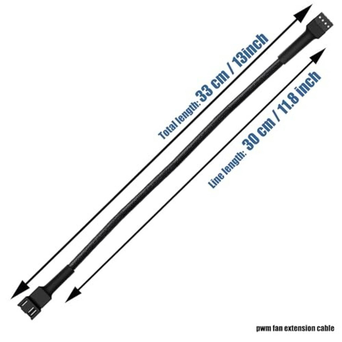 Black 30 cm (12 in) PC fan extension cable with 4-pin connector, length marked