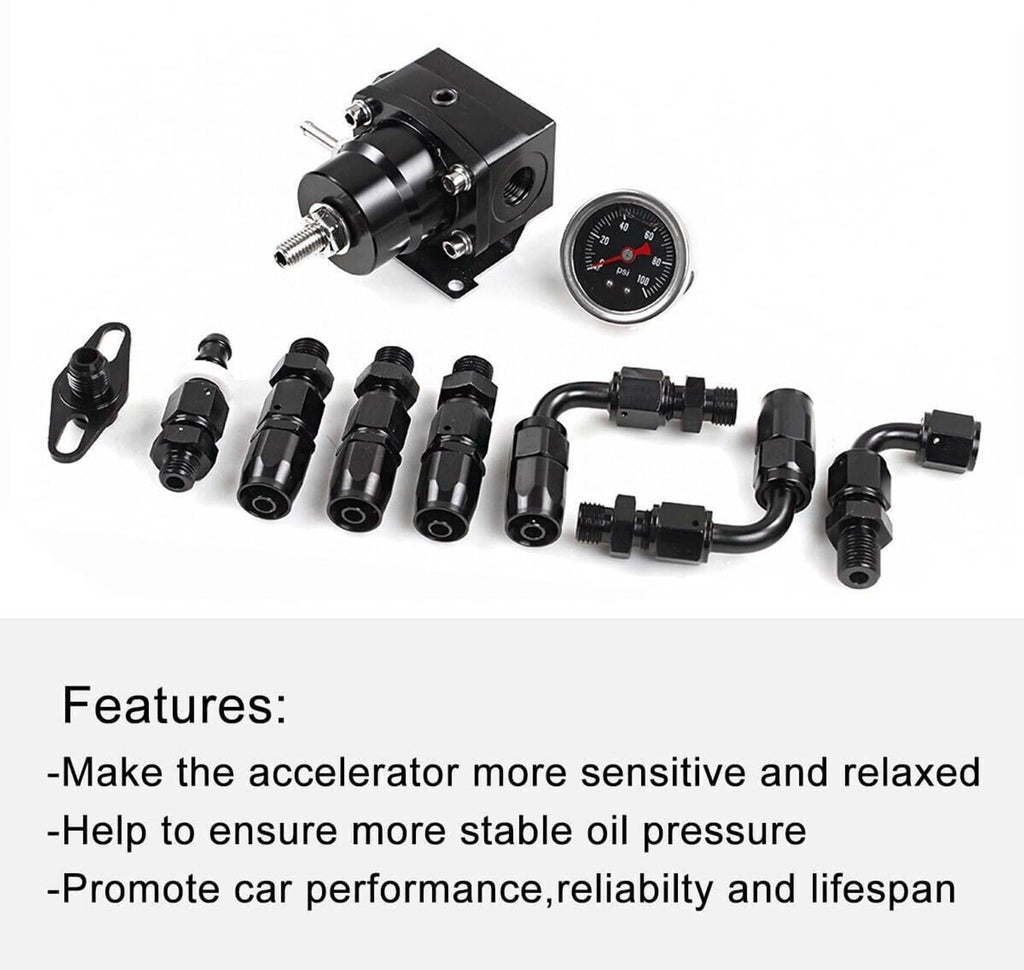 Fuel line system kit with regulator, pressure gauge, black fittings, and braided fuel hoses