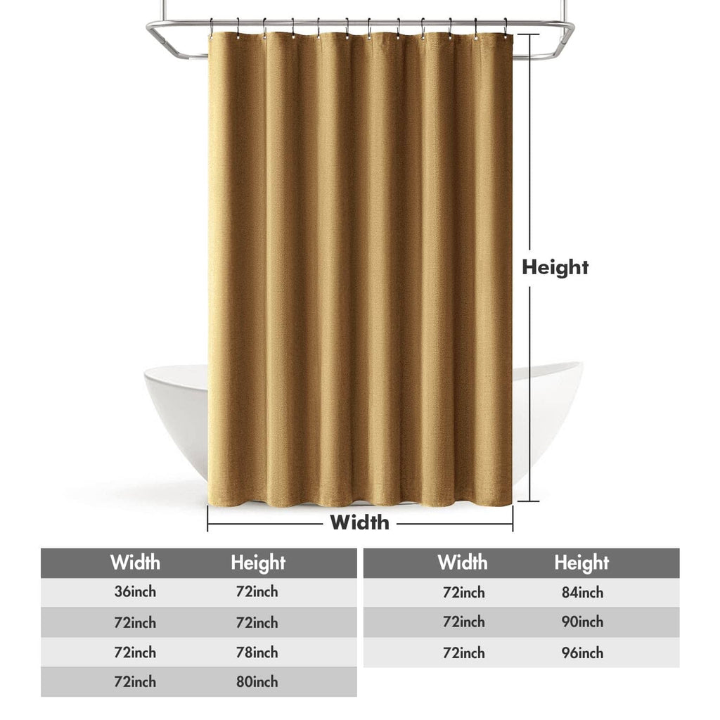 Gold shower curtain panel with width and height measurement diagram, grommet top hem