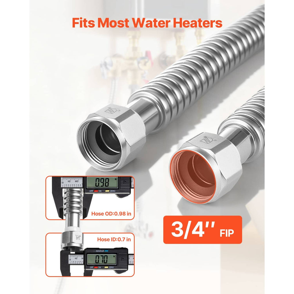 Stainless steel flexible water heater hose with 3/4 in FIP ends; copper lining visible