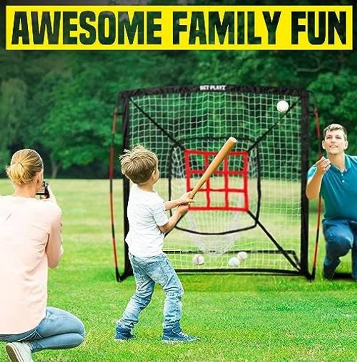 Baseball practice net with white mesh and red strike-zone target grid, front view