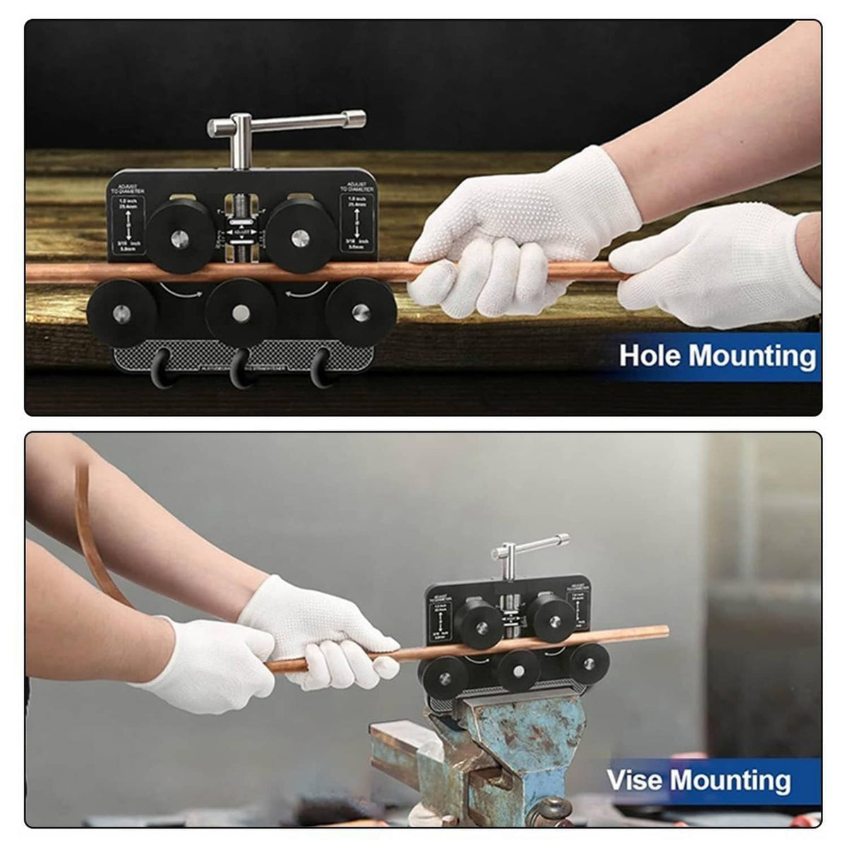 Tube straightener being mounted to a workbench with gloved hands