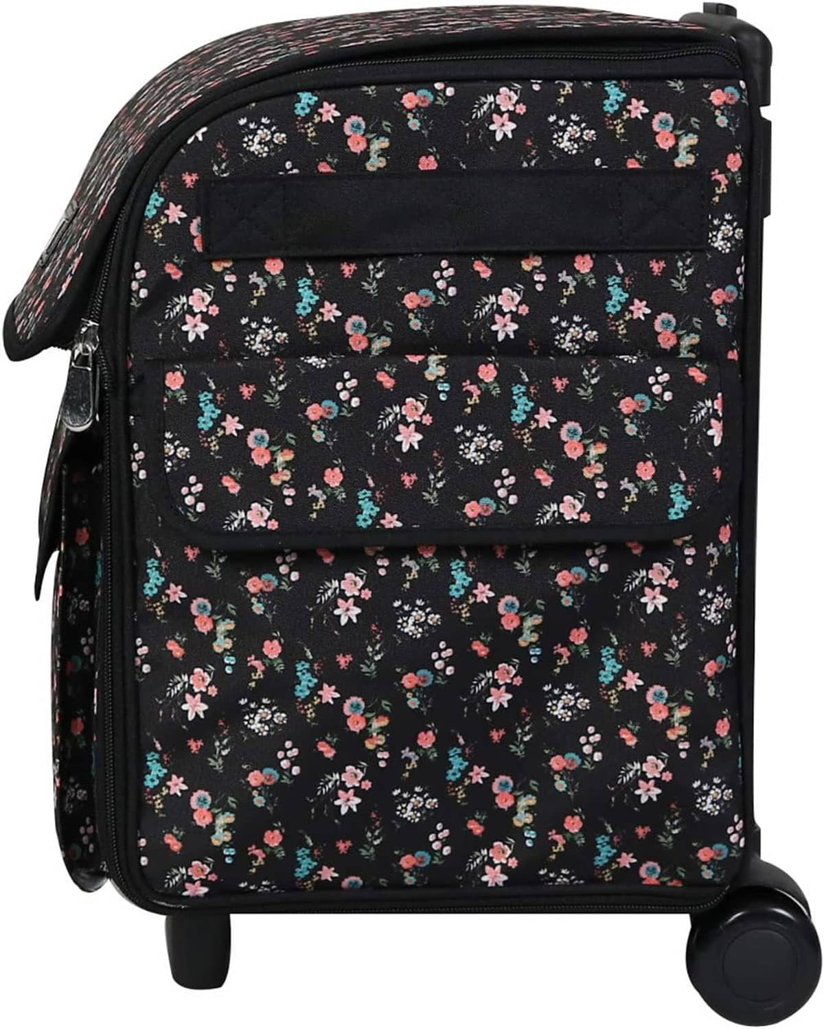 Black floral rolling tote with front flap pocket, long zipper pull, and small caster wheels