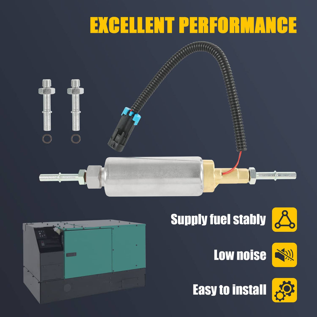 12V EFI fuel pump assembly with black hose, blue connector, brass fittings, twin mounting pins
