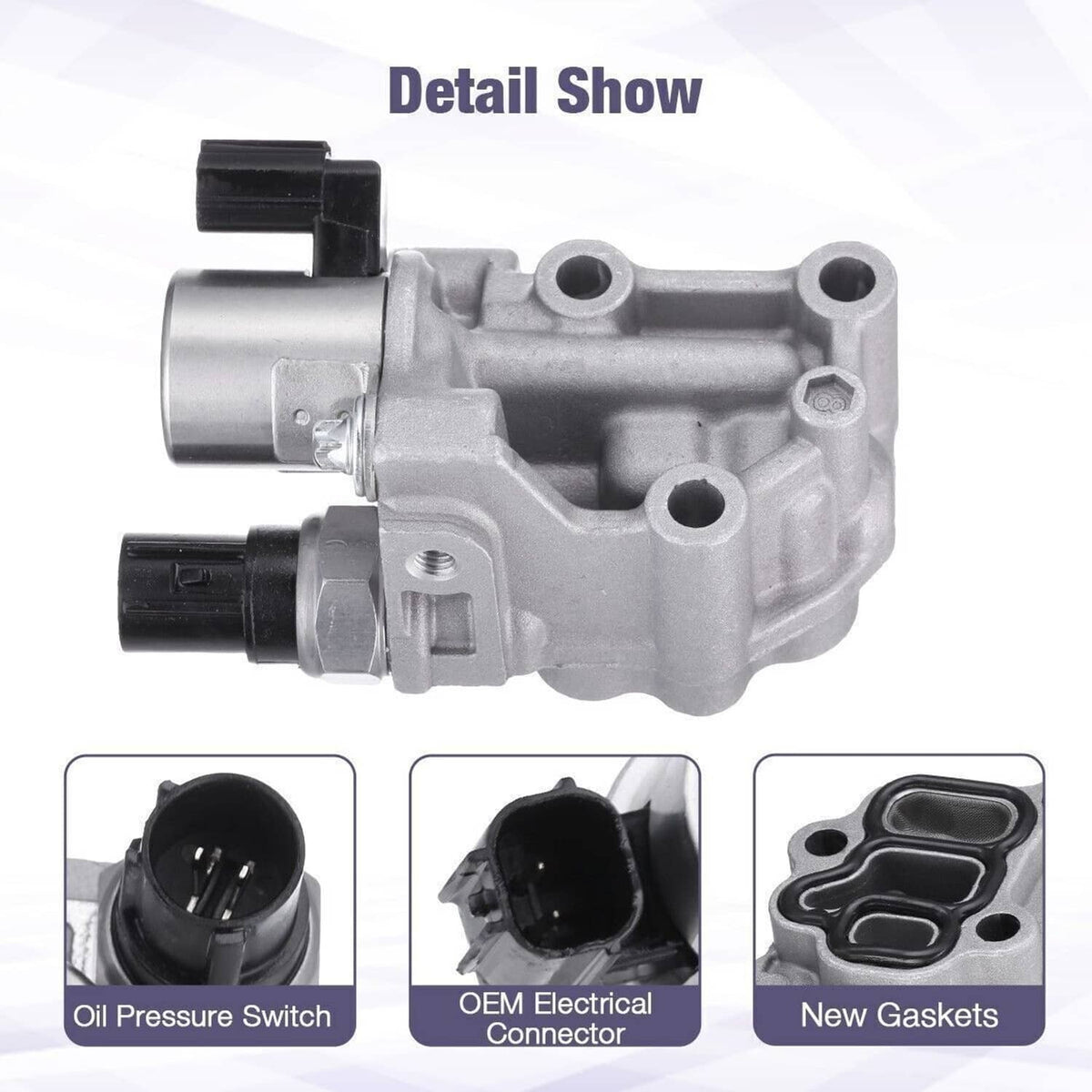 Solenoid spool valve with gasket, close-up of connector, ports, and molded gasket