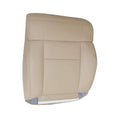 Tan front driver seat back replacement cover with stitched panels and armrest cutouts