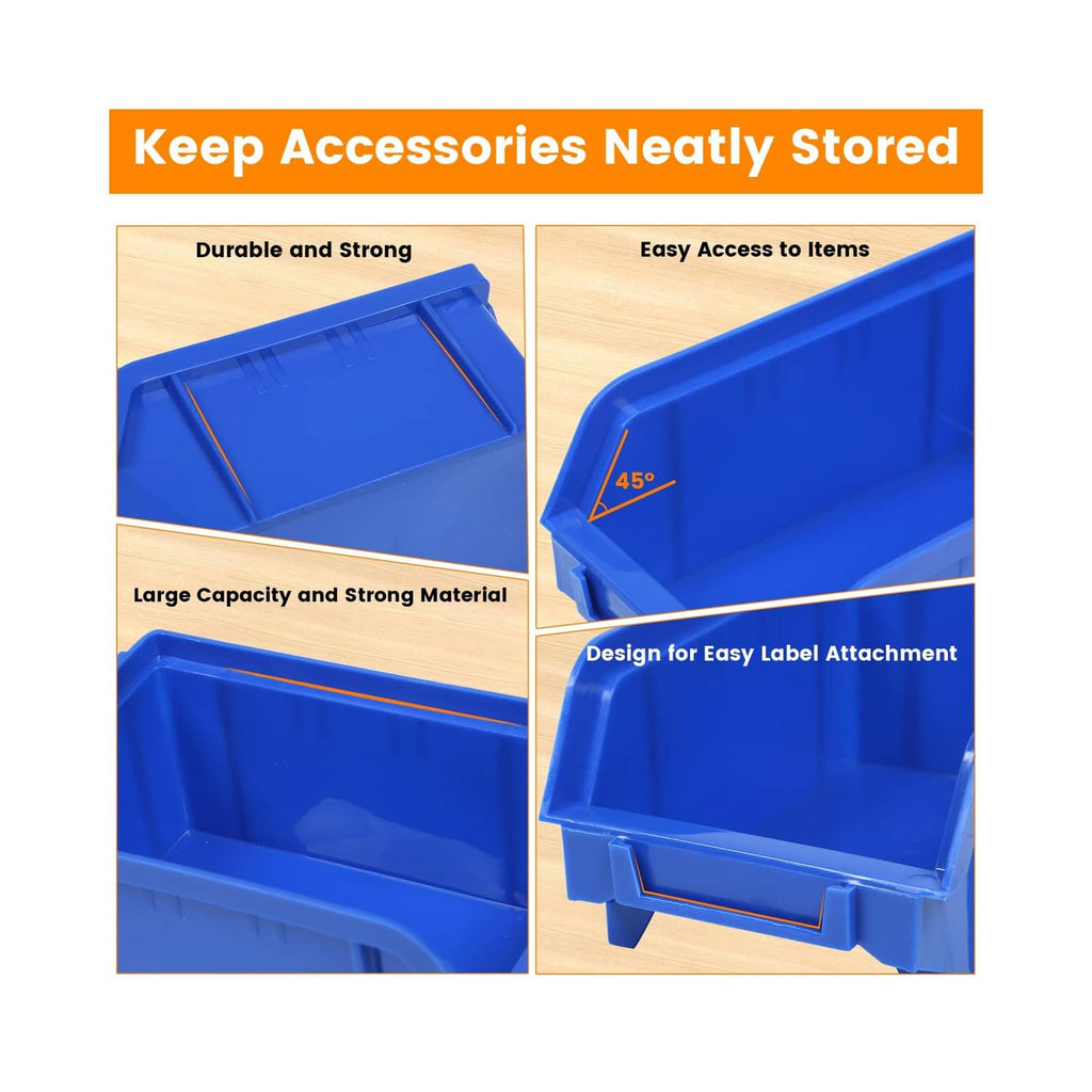 Maxworks 80694 30-bin wall-mount parts rack, close-up of blue stackable storage boxes.