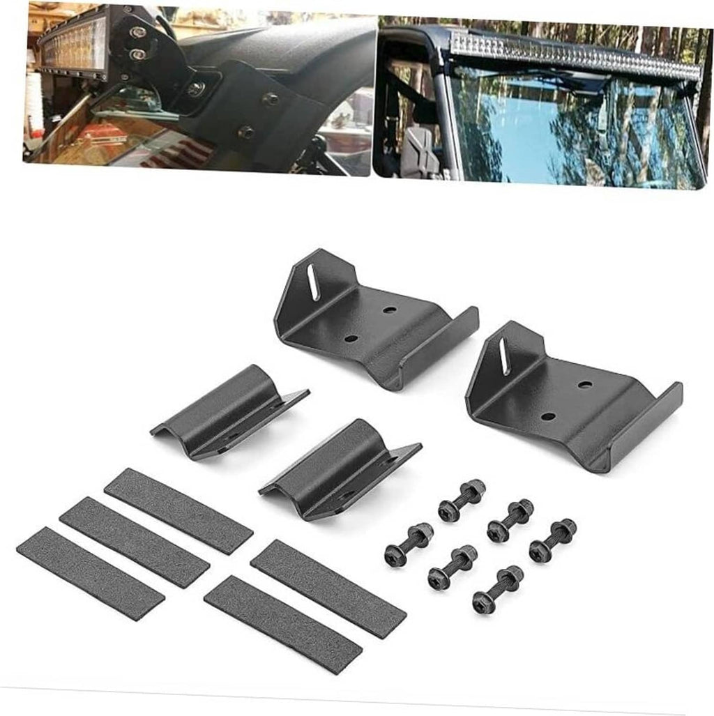 LED light bar mounting kit with curved black brackets, textured pads, and mounting screws