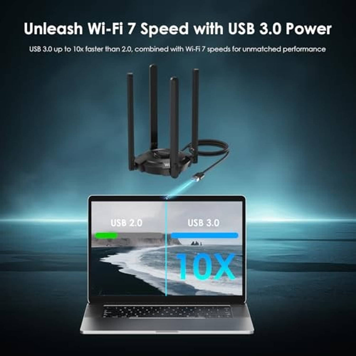 USB WiFi adapter with three antennas and connected USB cable, black