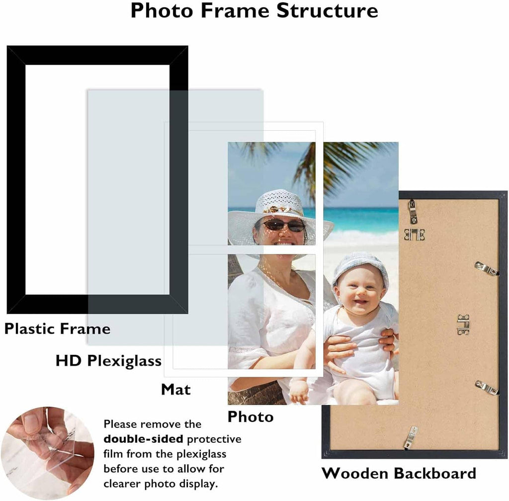 Double photo frame parts: plastic frame, HD plexiglass, mat, wooden backboard