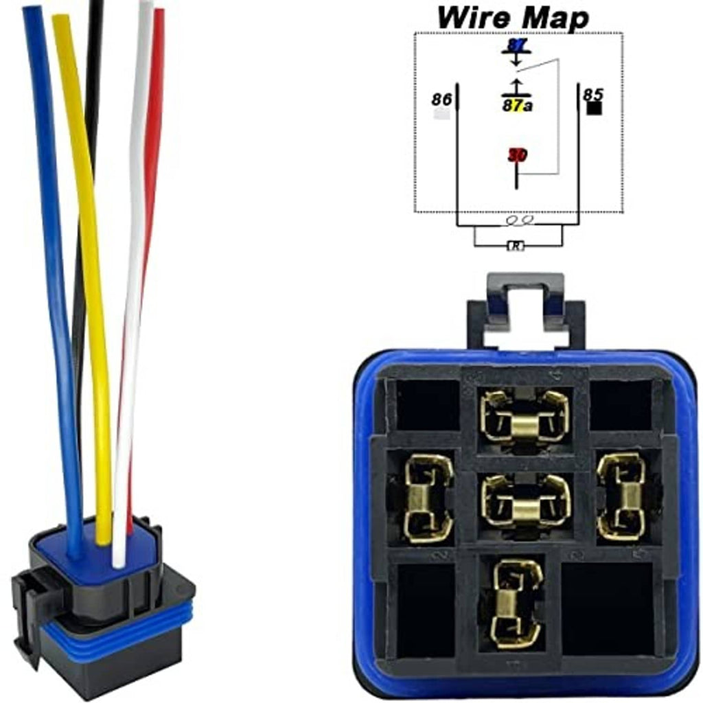5-pin waterproof relay with wire pigtail colors and terminal wiring map
