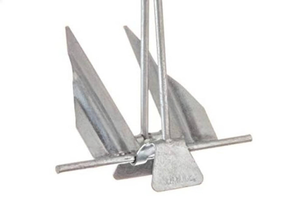 Steel boat anchor with ring shackle, slip shank, and two flukes plus mounting base