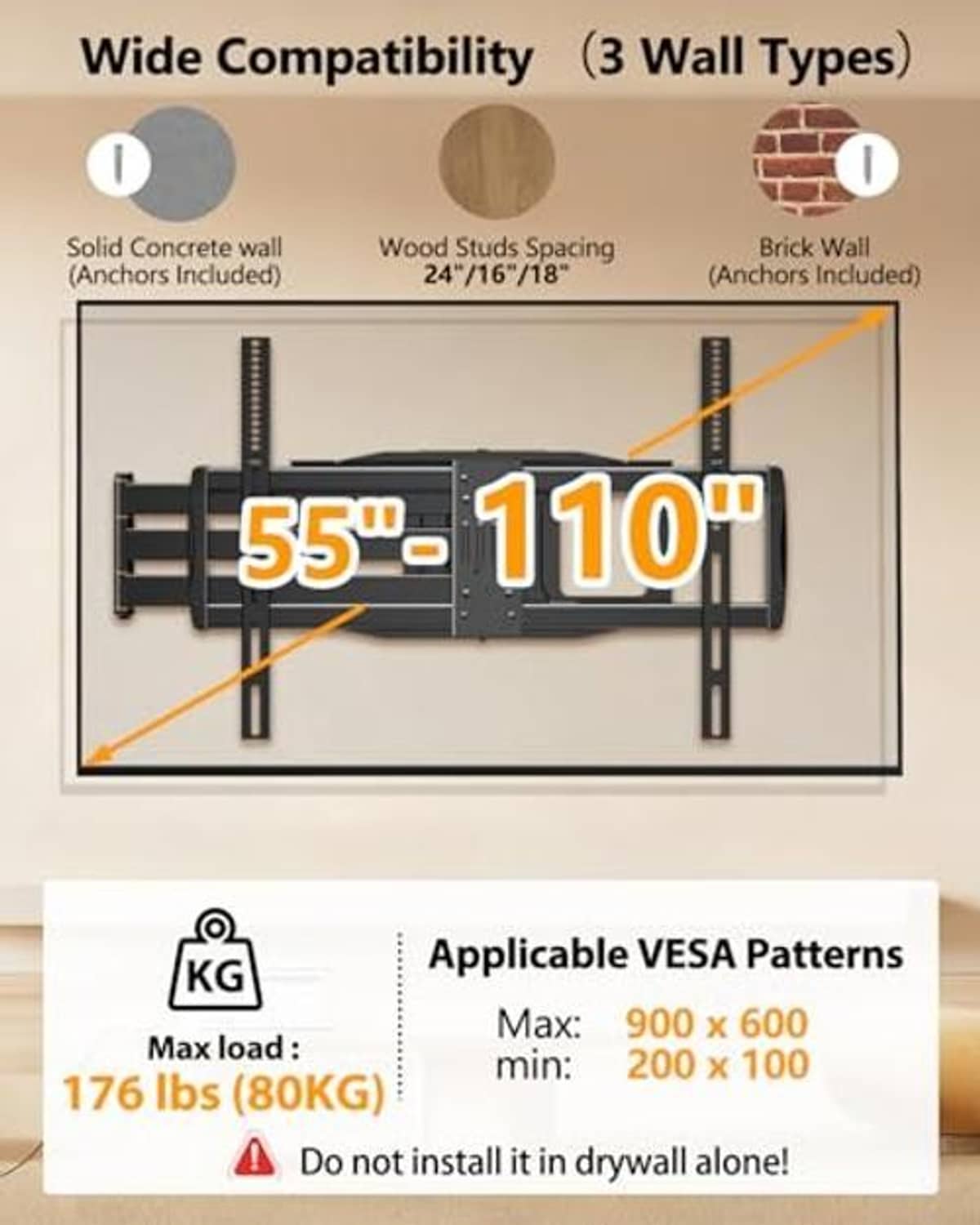 TV wall mount for wide compatibility, with two-piece arm and VESA plate