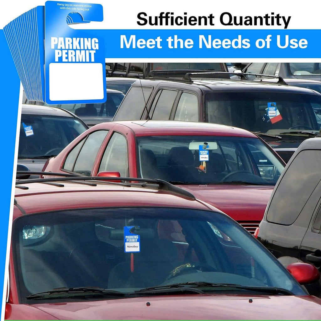 Blue parking permit hang tags for vehicles, with blank white label