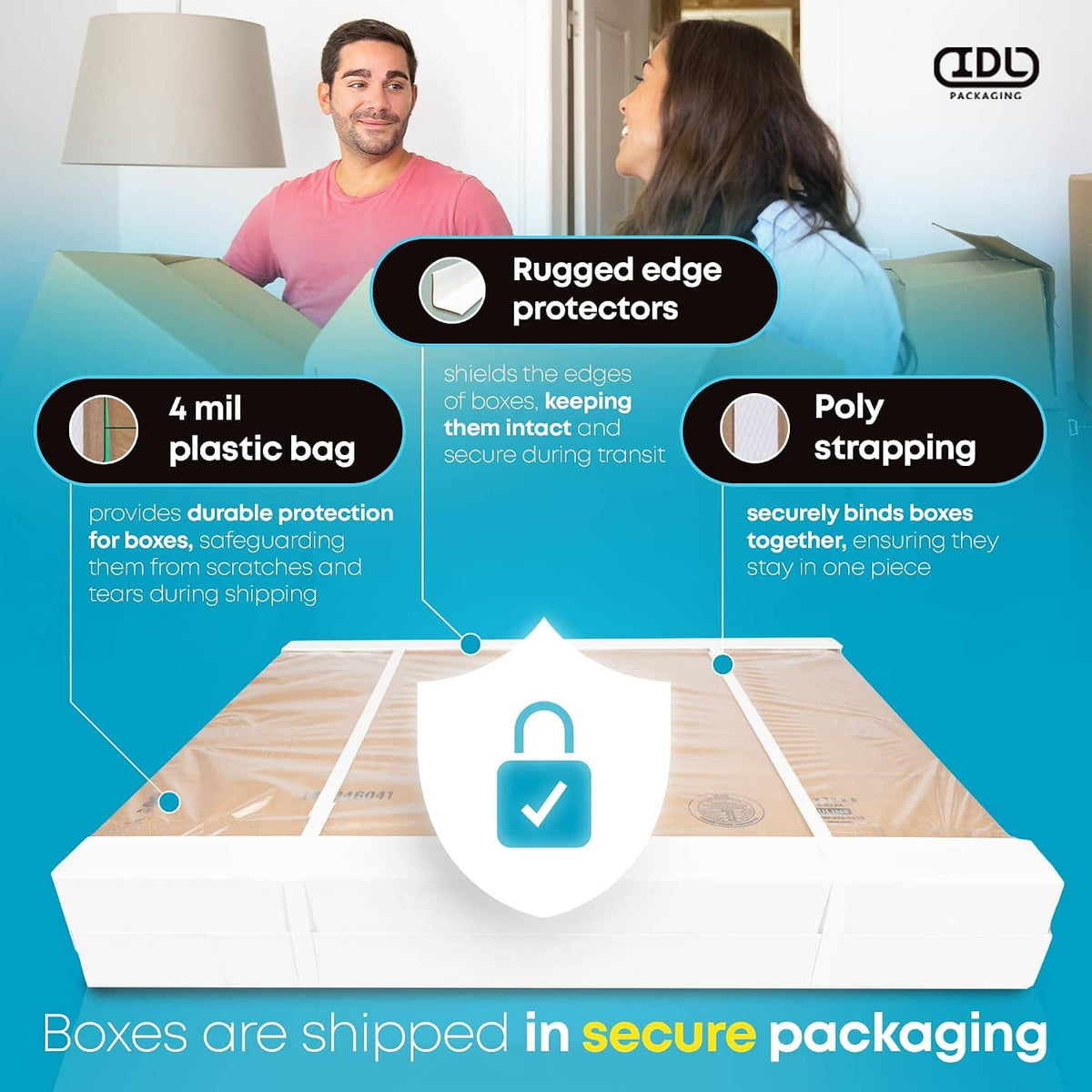 Corrugated moving box protected with plastic bag and poly strapping