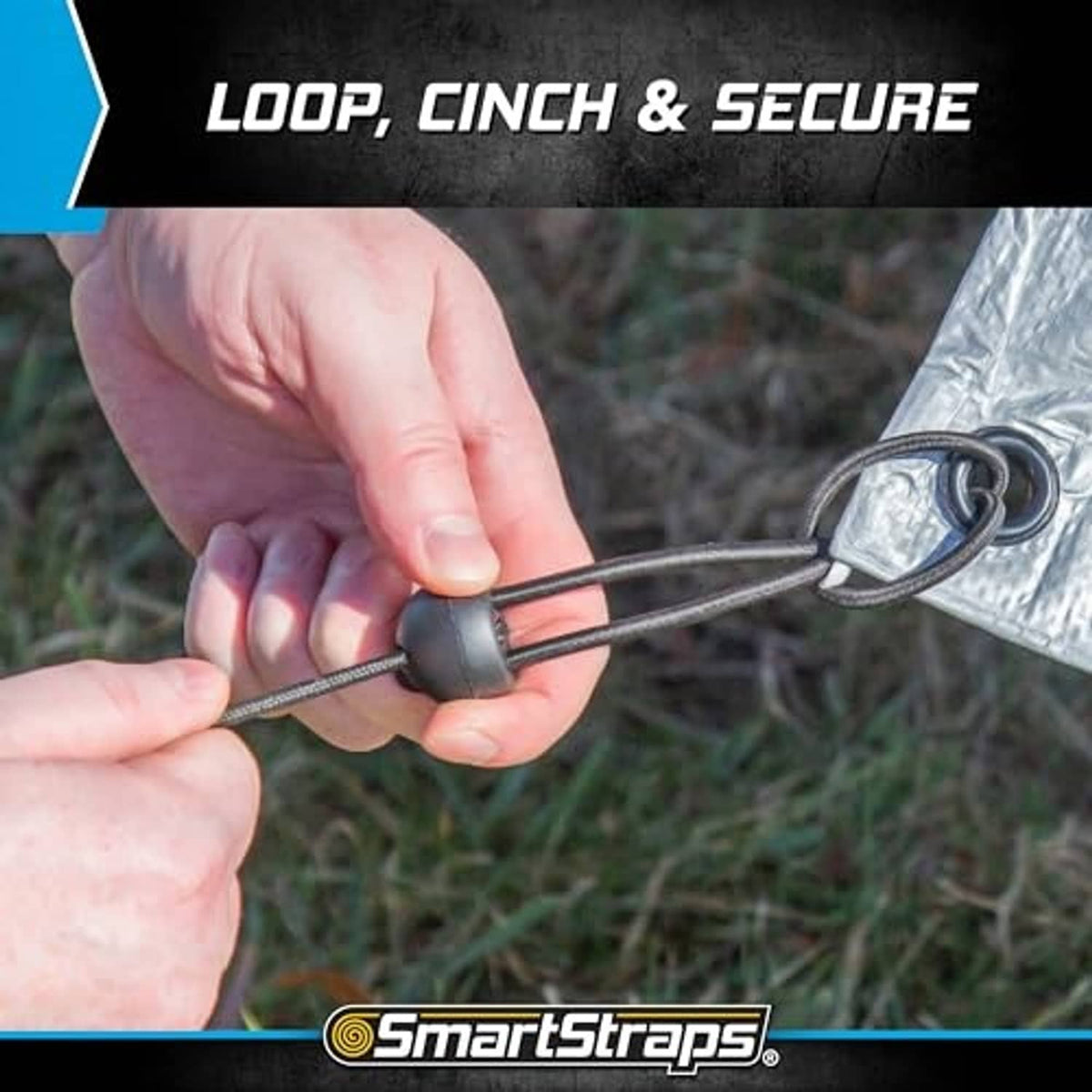 Black adjustable toggle ball bungee cord with metal loop and cord tension adjustment