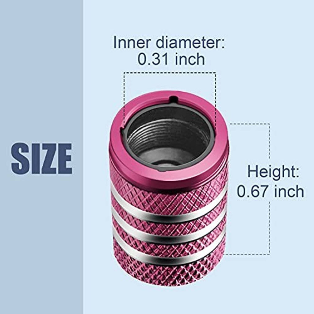 Pink metal tire valve stem cap cover with black inner, ribbed texture, upright
