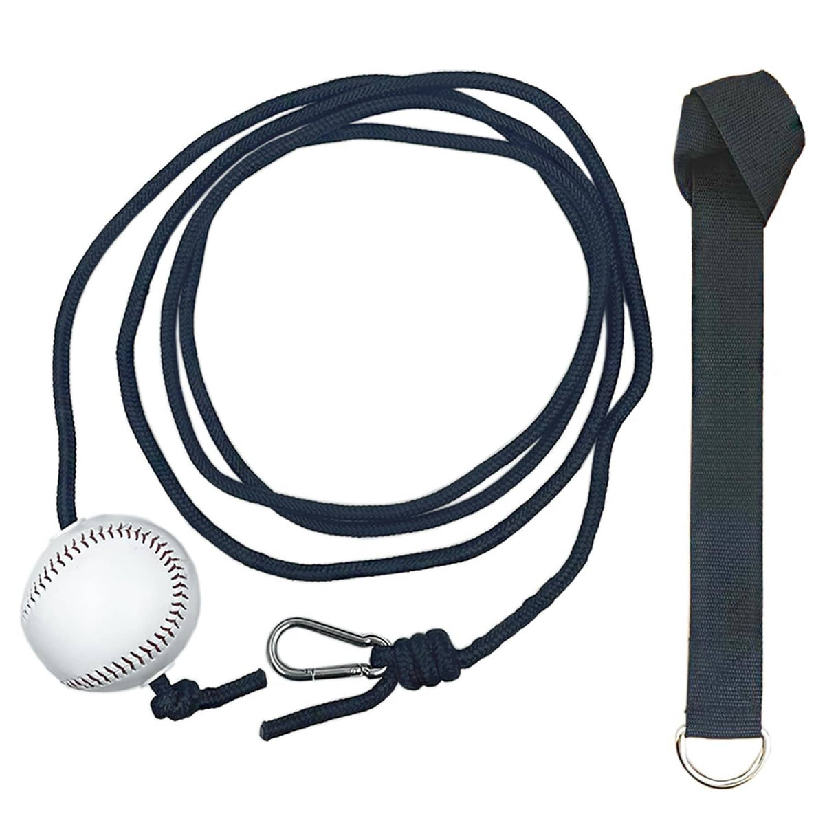 Baseball batting training rope with tether ball, black cord and metal clip