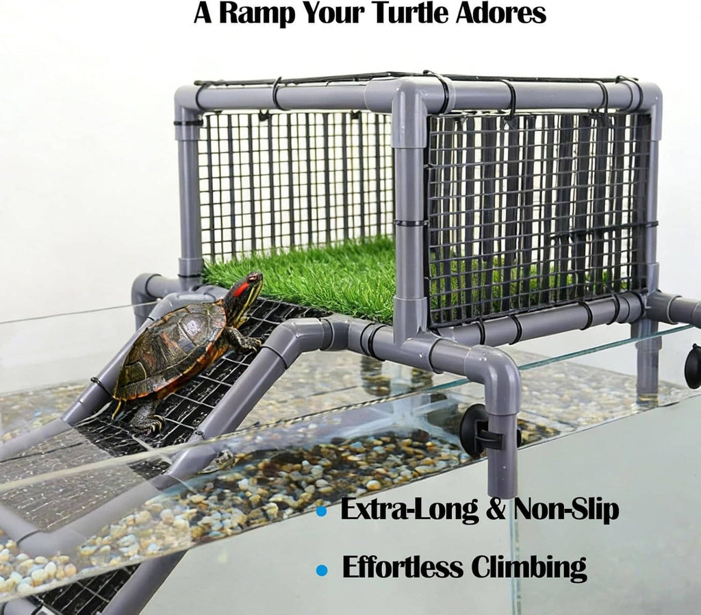 Turtle ramp dock with black grid steps, gray rails, and grassy basking surface