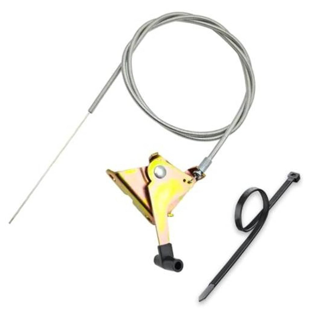 Throttle control cable replacement kit with yellow mounting bracket and steel cable
