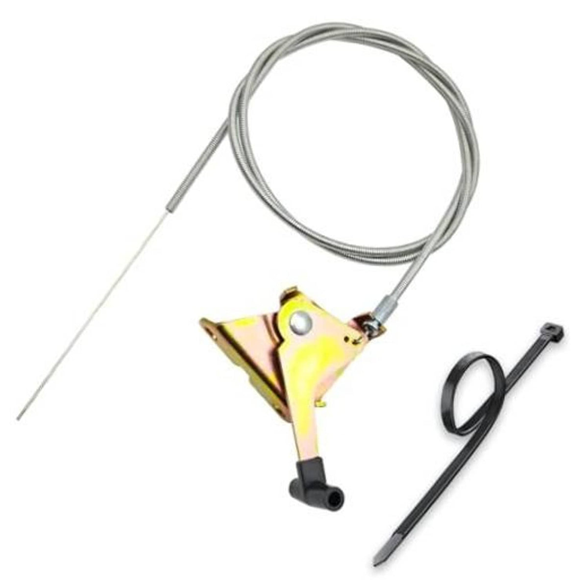 Throttle control cable replacement kit with yellow mounting bracket and steel cable