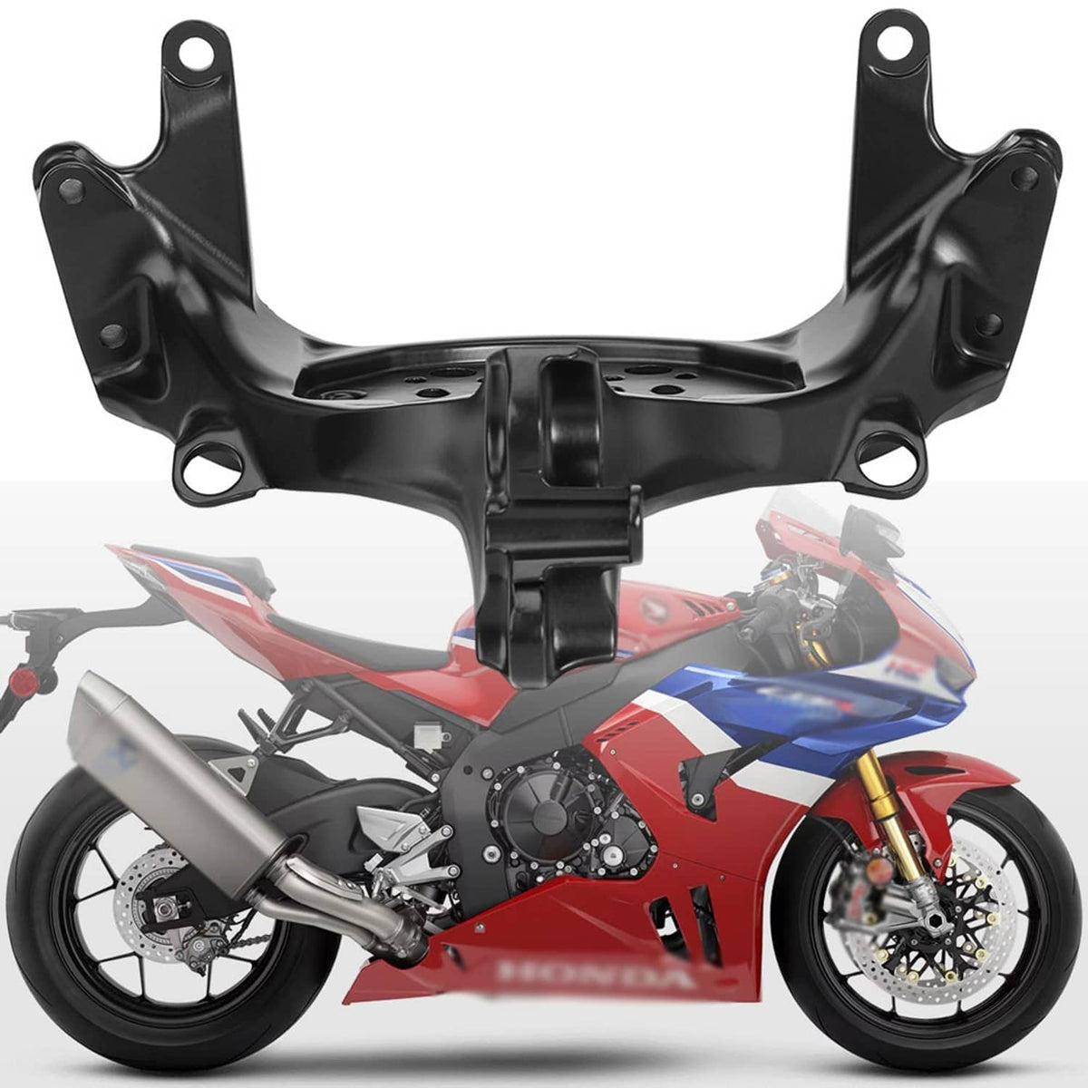 Black upper fairing stay bracket with mounting holes and center attachment block