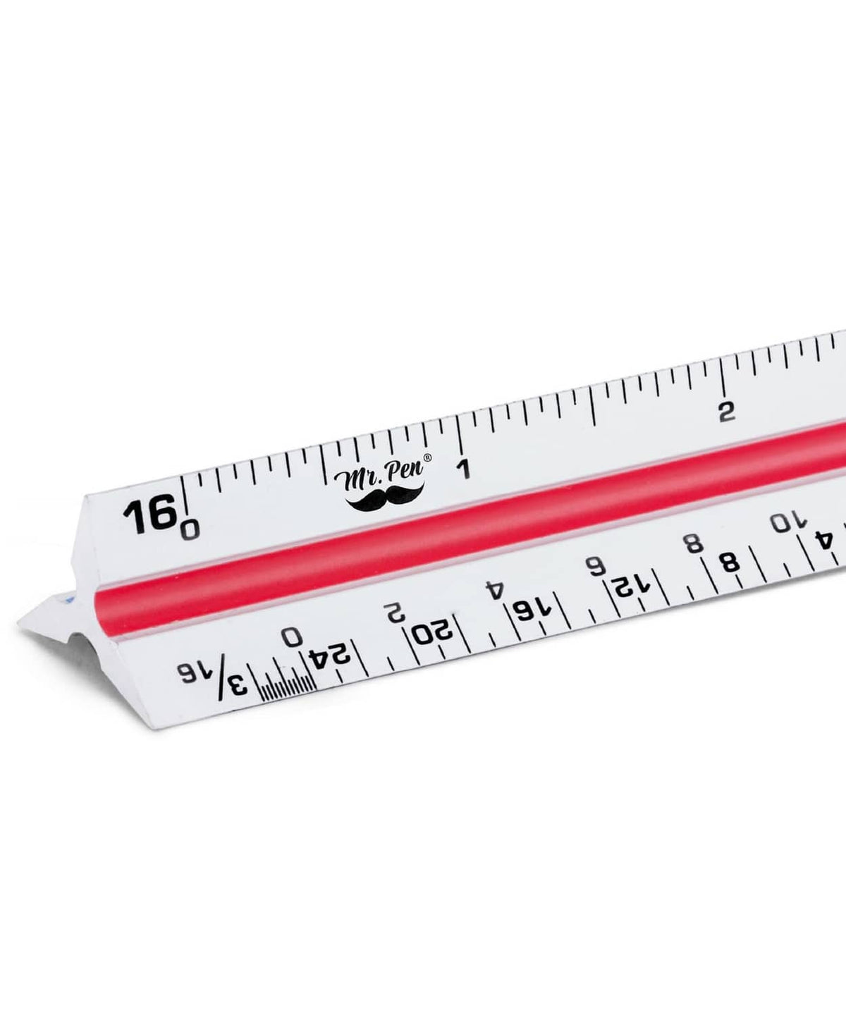 Architectural scale ruler with white body and red strip, showing inch measurement marks