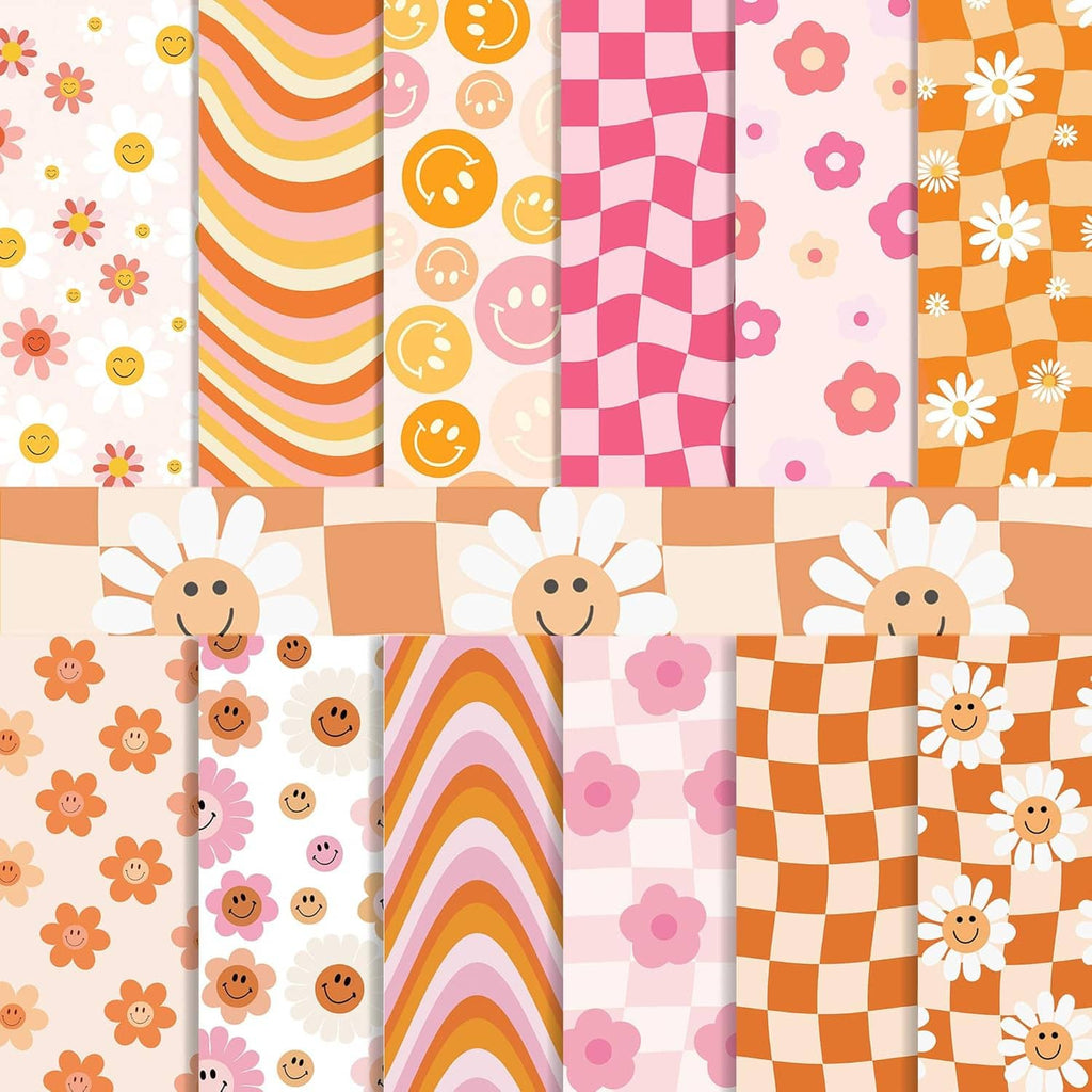 Scrapbook paper sheet collage with bunnies, smiley faces, rainbows, and check patterns