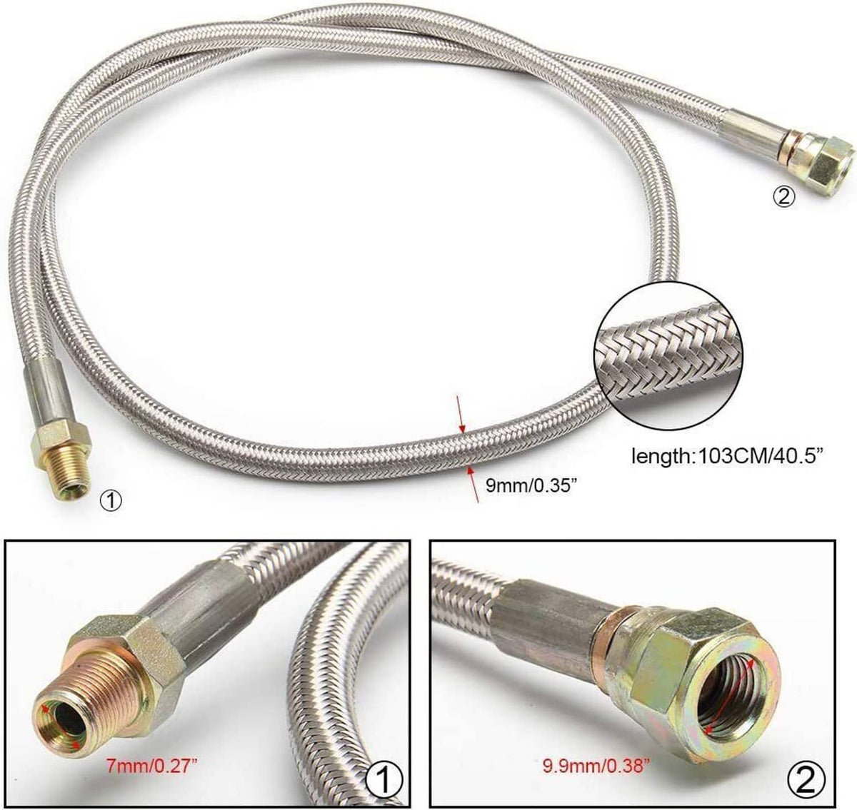 Braided oil feed line with two hose ends and brass fittings, length callout