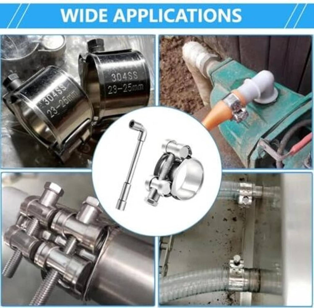 T-bolt hose clamps for plumbing connections shown in wide-use examples