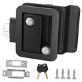 Black RV door lock latch with paddle handle and two key cylinders