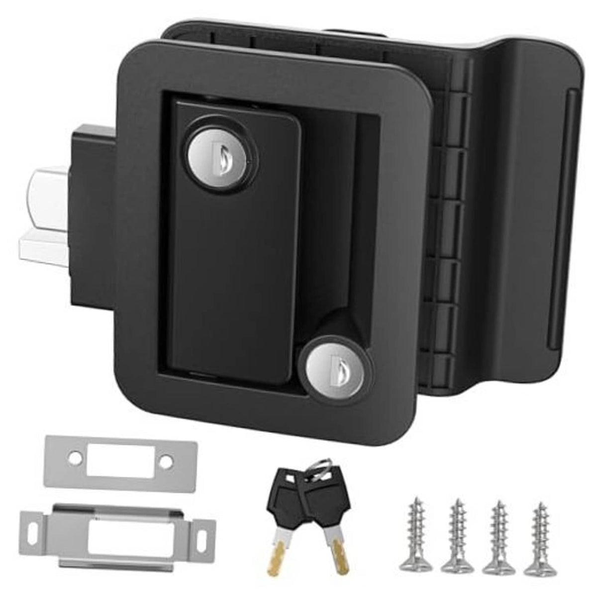 Black RV door lock latch with paddle handle and two key cylinders