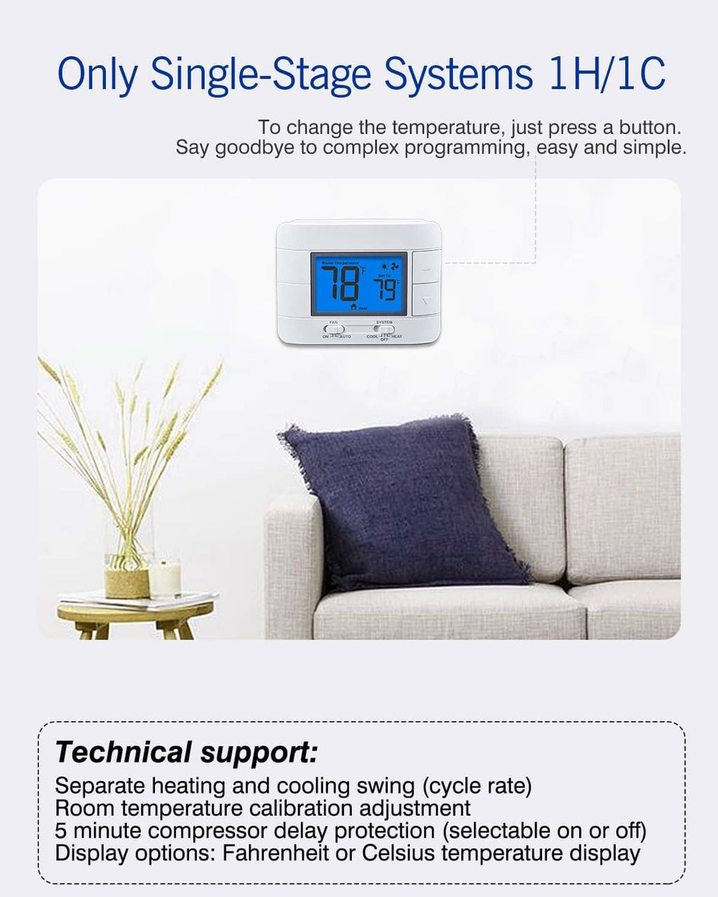 Non-programmable thermostat on wall with blue backlit temperature display
