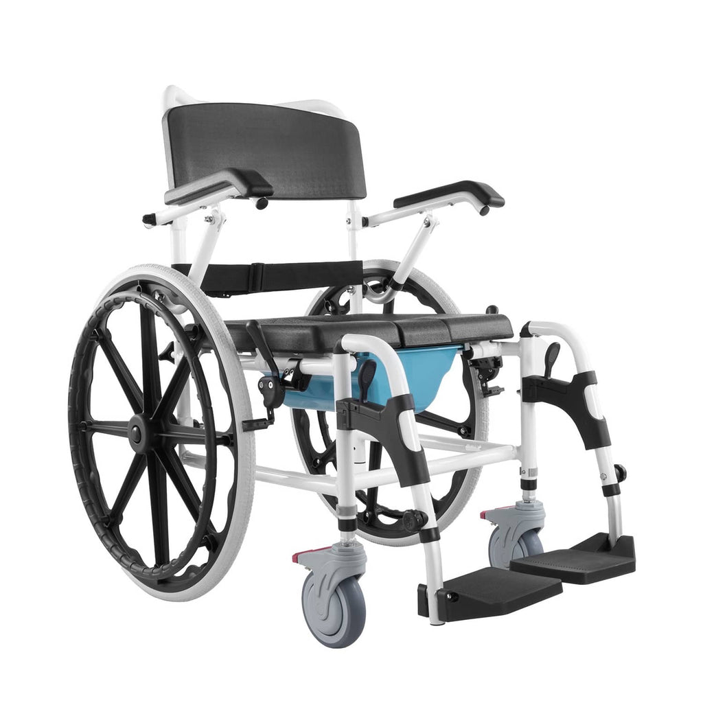 Shower wheelchair with black padded seat, white frame, armrests, and front caster wheels