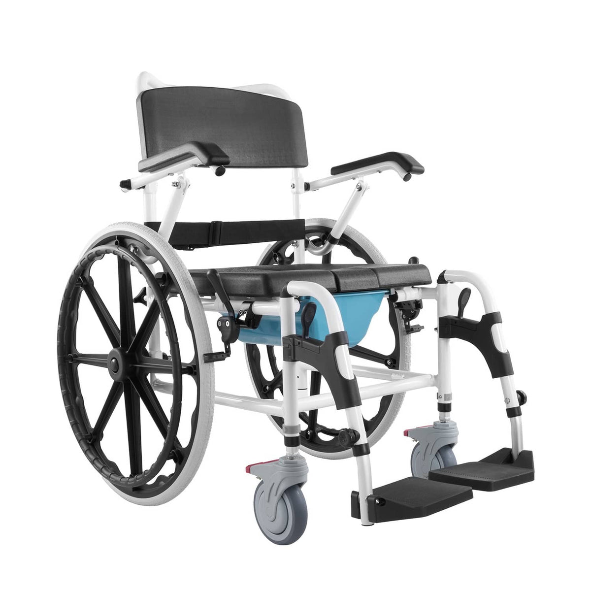 Shower wheelchair with black padded seat, white frame, armrests, and front caster wheels